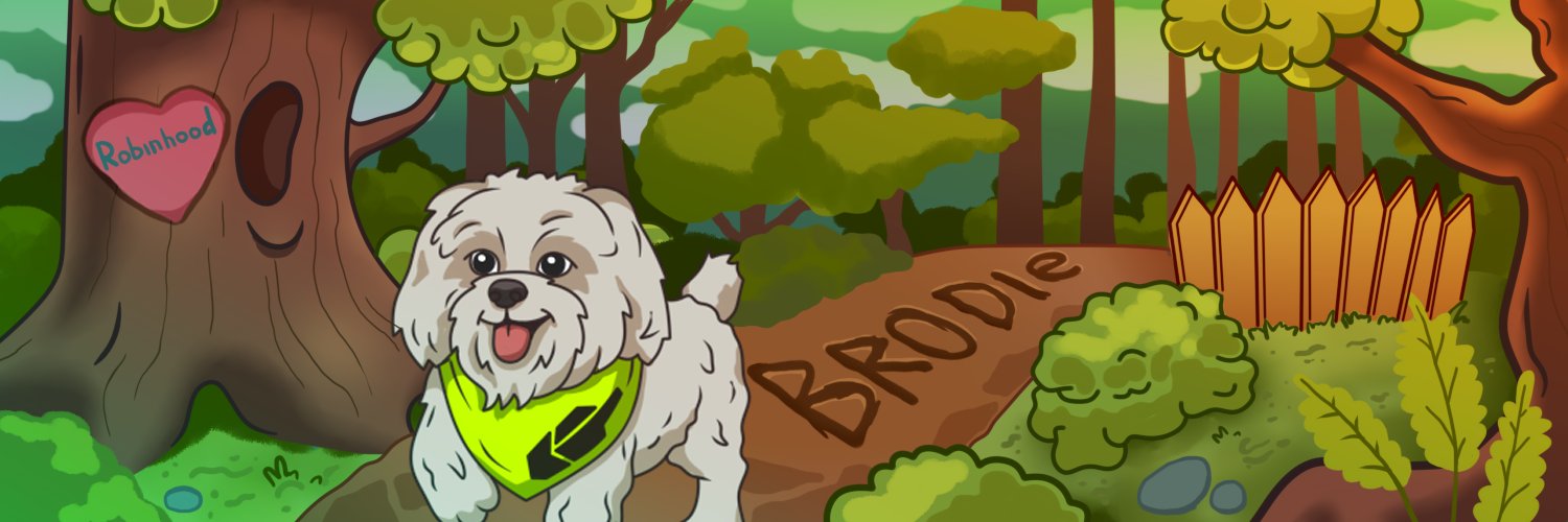 Brodie the Robinhood Dog standing on a forest trail with BRODIE written in the dirt